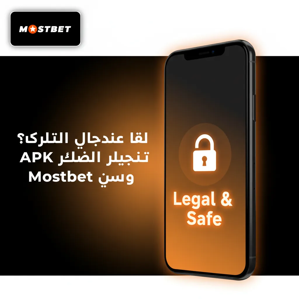 شعار Mostbet بجوار ملف APK على هاتف، مع قفل وSSL للدلالة على ترخيص رسمي وأمان التسجيل والإيداع والسحب
